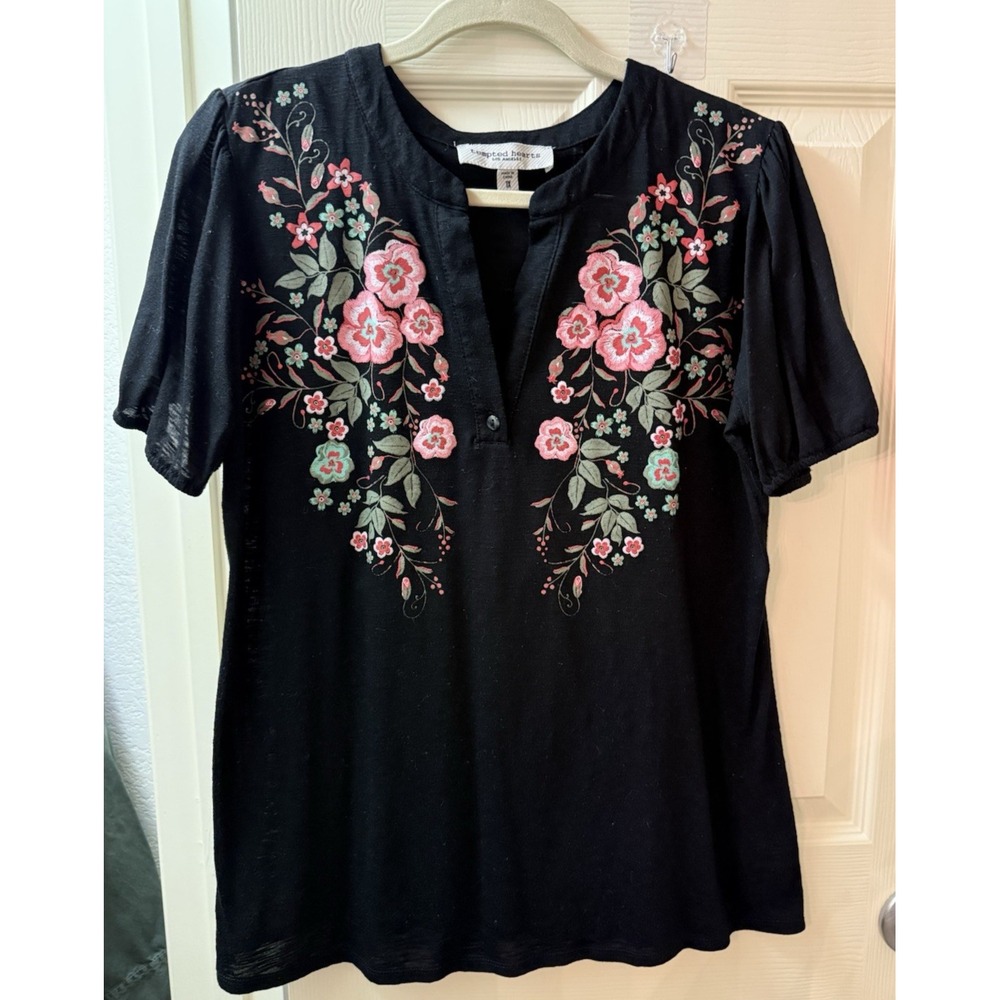 Tempted Hearts Los Angeles Black Floral Embroidered V-Neck Blouse 1X